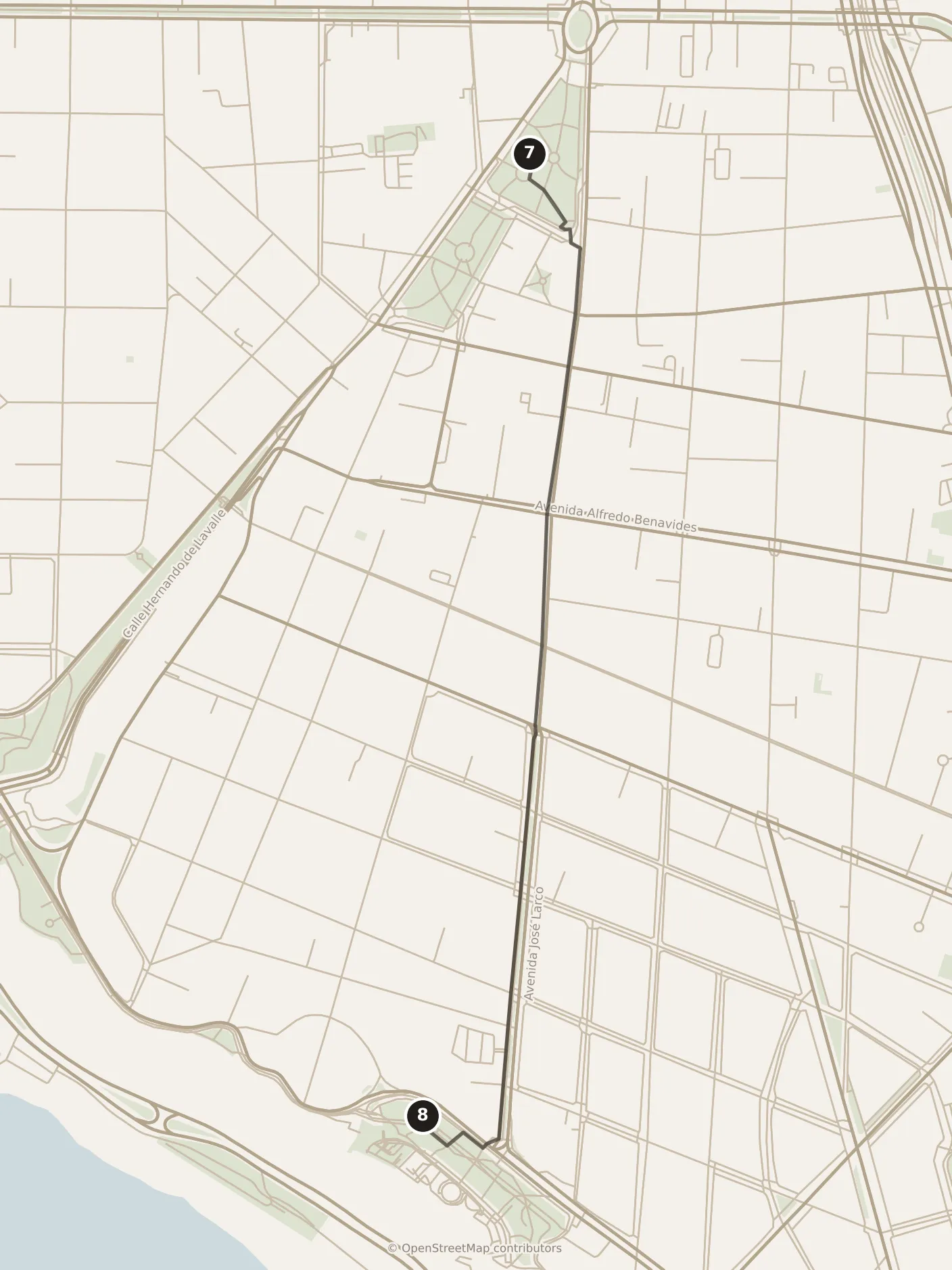 Map of Lima, afternoon: stop 8, numbered in walking order.