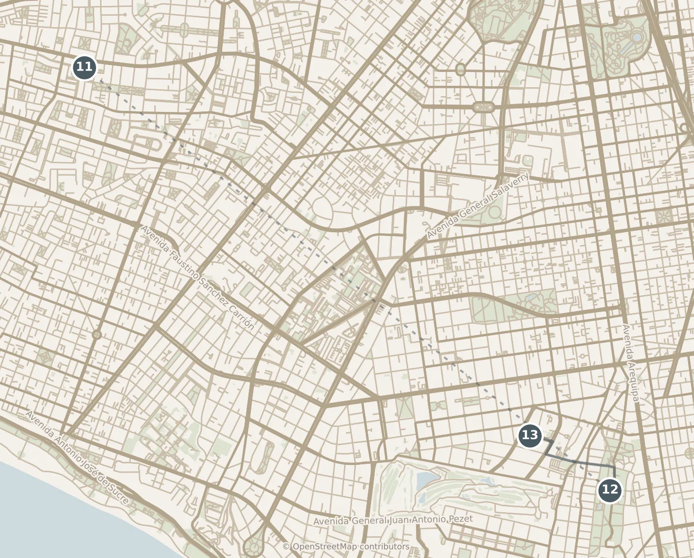 Map of Lima, with a third day: stops 11–13, numbered in walking order.
