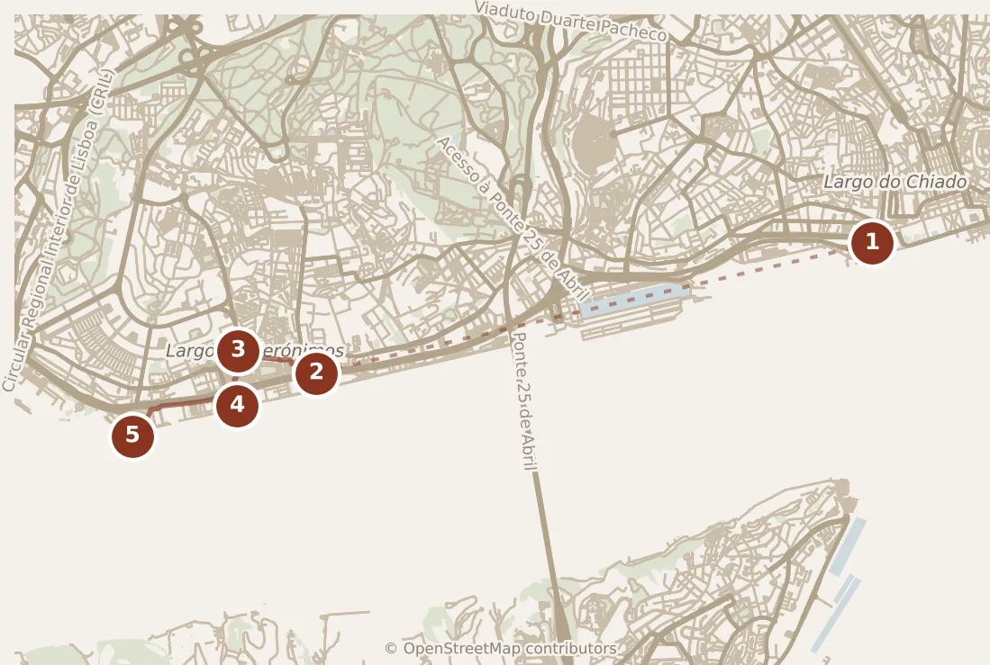 Map of Lisbon, morning: stops 1–5, numbered in walking order.