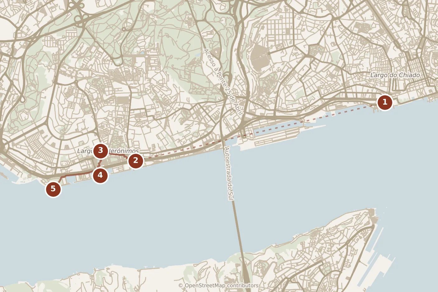 Map of Lisbon, morning: stops 1–5, numbered in walking order.