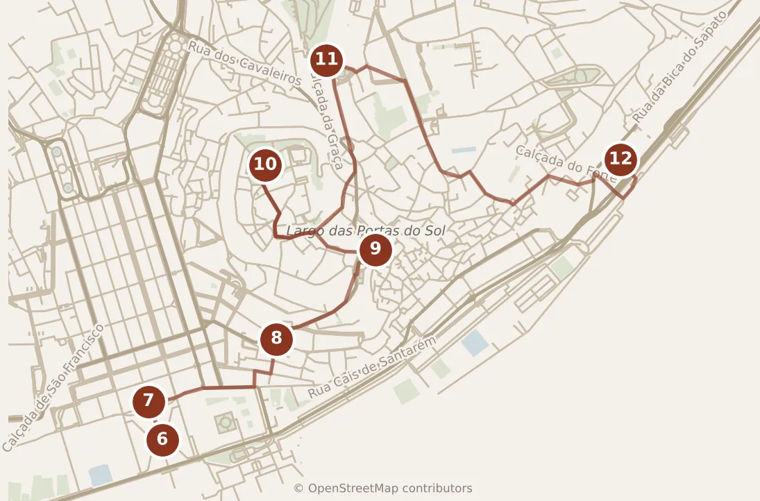Map of Lisbon, afternoon and evening: stops 6–12, numbered in walking order.