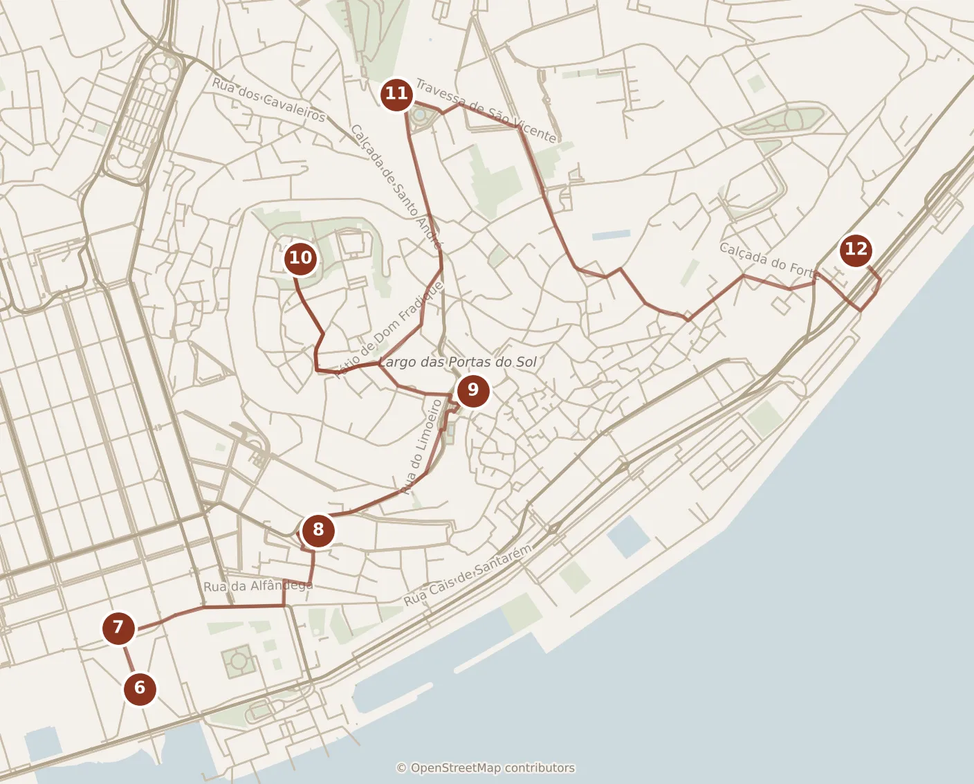 Map of Lisbon, afternoon and evening: stops 6–12, numbered in walking order.