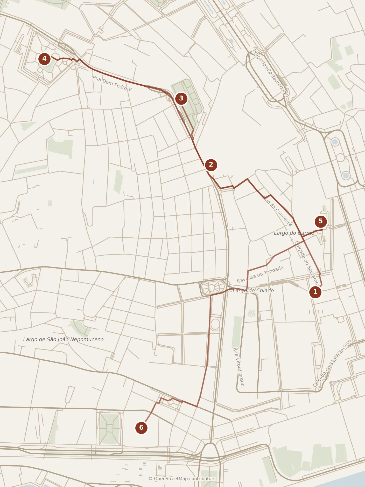 Map of Lisbon, morning and afternoon: stops 1–6, numbered in walking order.
