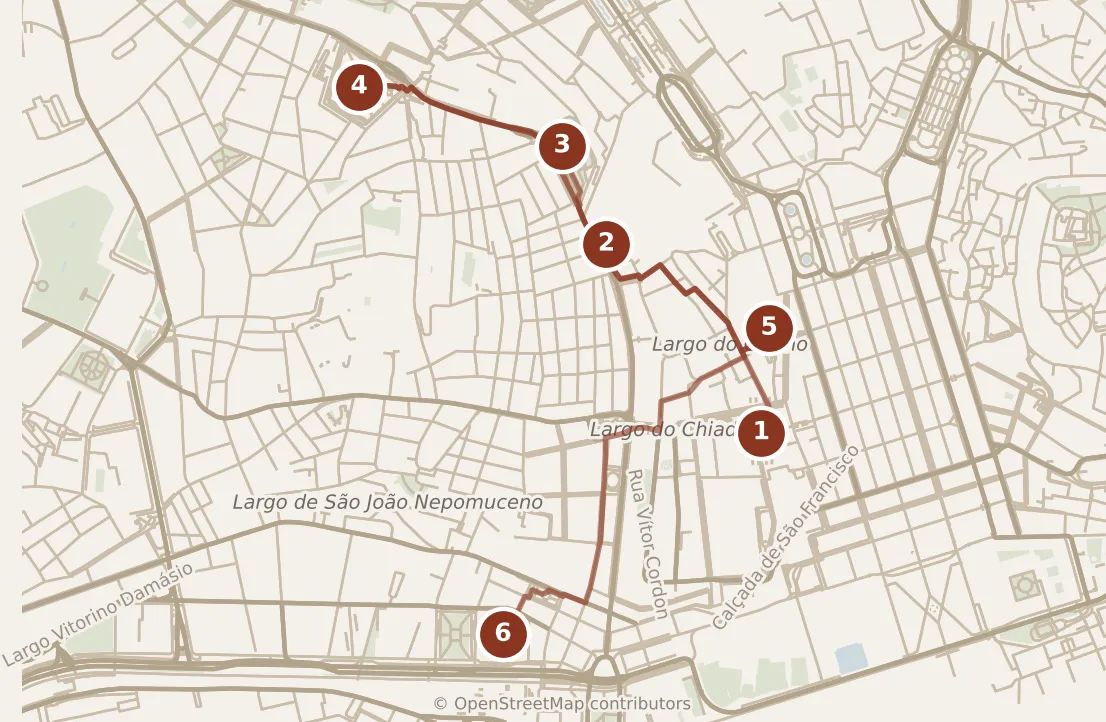 Map of Lisbon, morning and afternoon: stops 1–6, numbered in walking order.