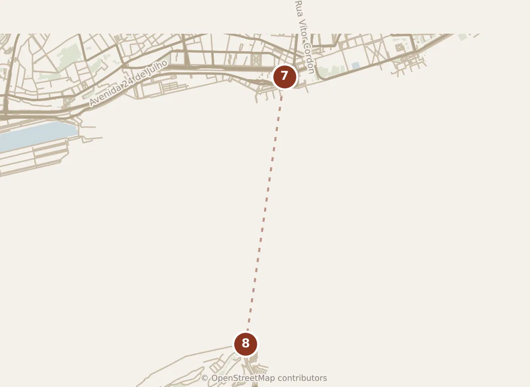 Map of Lisbon, evening: stops 7–8, numbered in walking order.