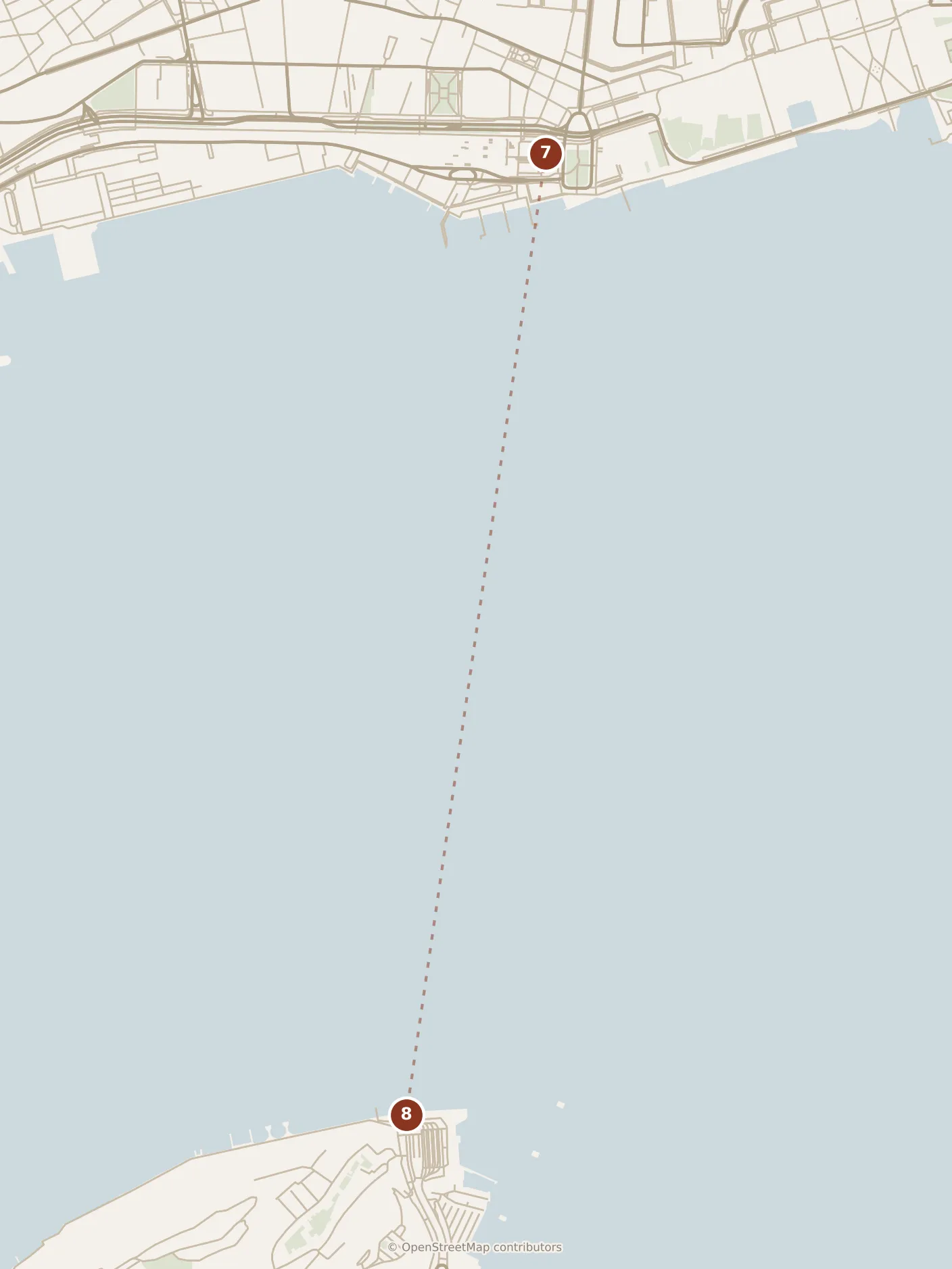 Map of Lisbon, evening: stops 7–8, numbered in walking order.