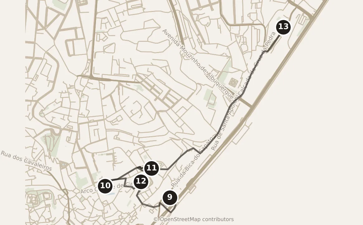 Map of Lisbon, morning and afternoon: stops 9–13, numbered in walking order.