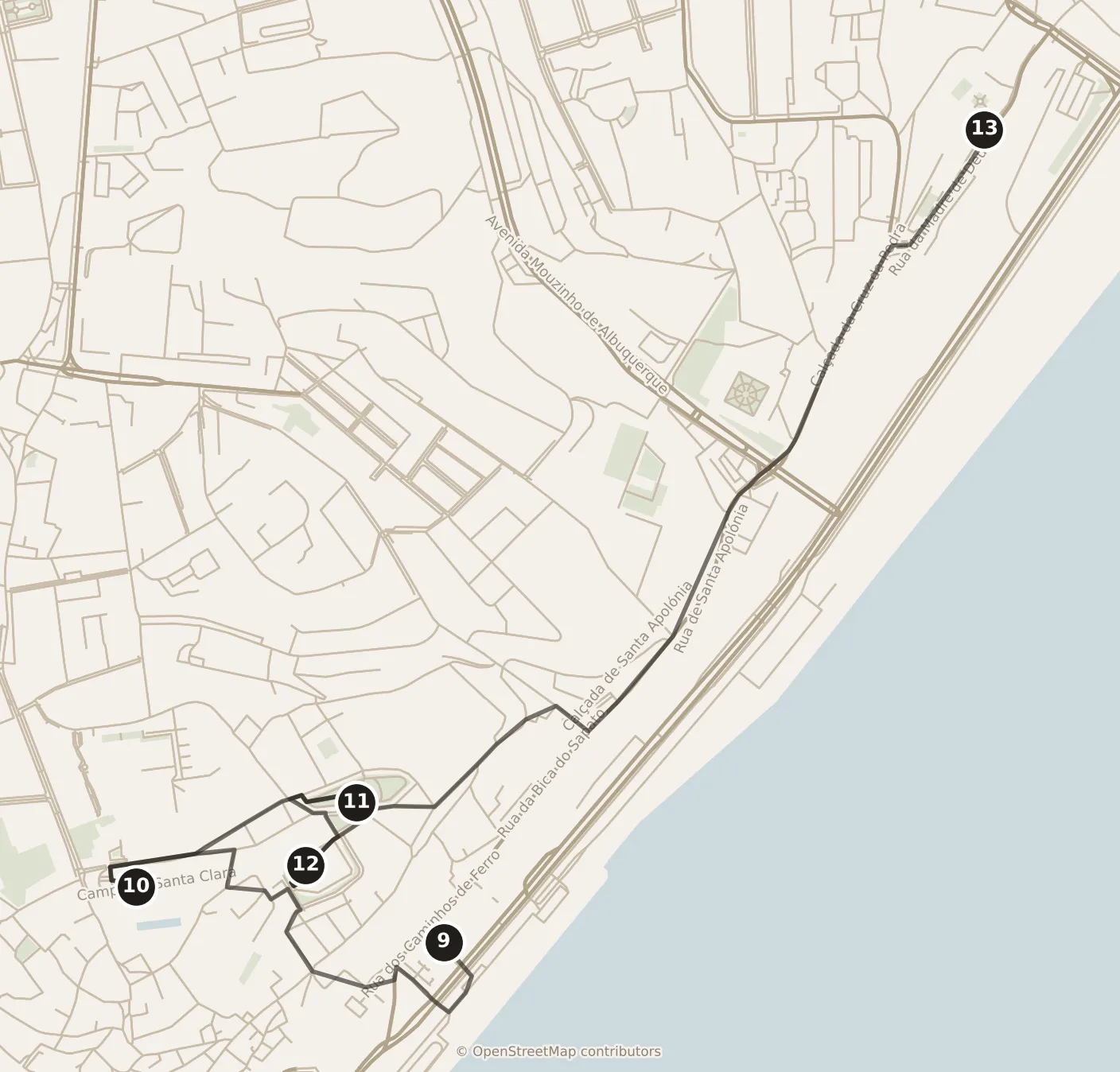 Map of Lisbon, morning and afternoon: stops 9–13, numbered in walking order.