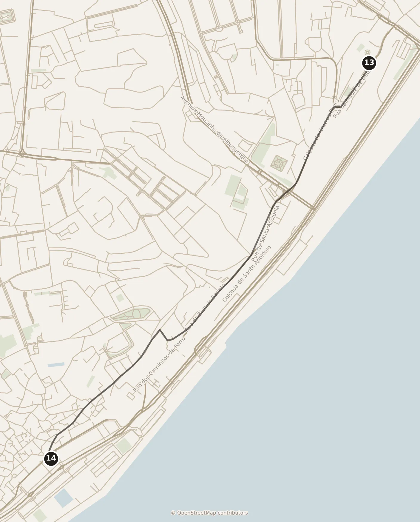 Map of Lisbon, evening: stop 14, numbered in walking order.