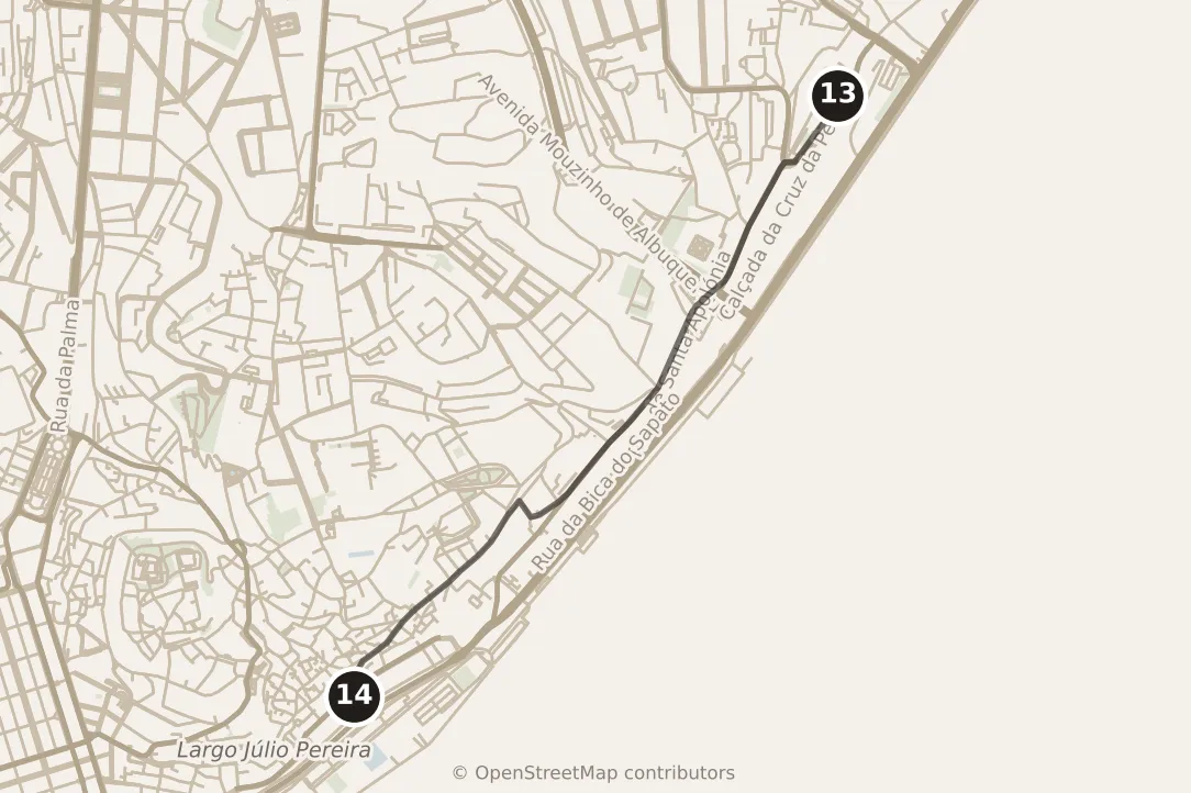 Map of Lisbon, evening: stop 14, numbered in walking order.