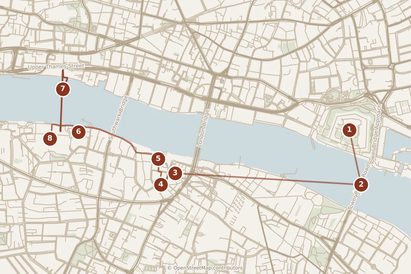 Map of London, morning and afternoon: stops 1–8, numbered in walking order.