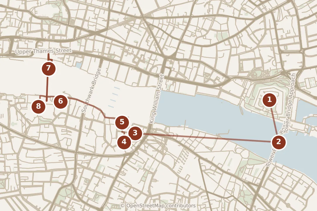 Map of London, morning and afternoon: stops 1–8, numbered in walking order.