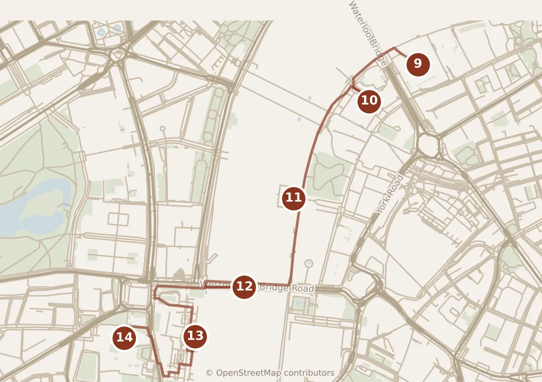 Map of London, evening: stops 9–14, numbered in walking order.