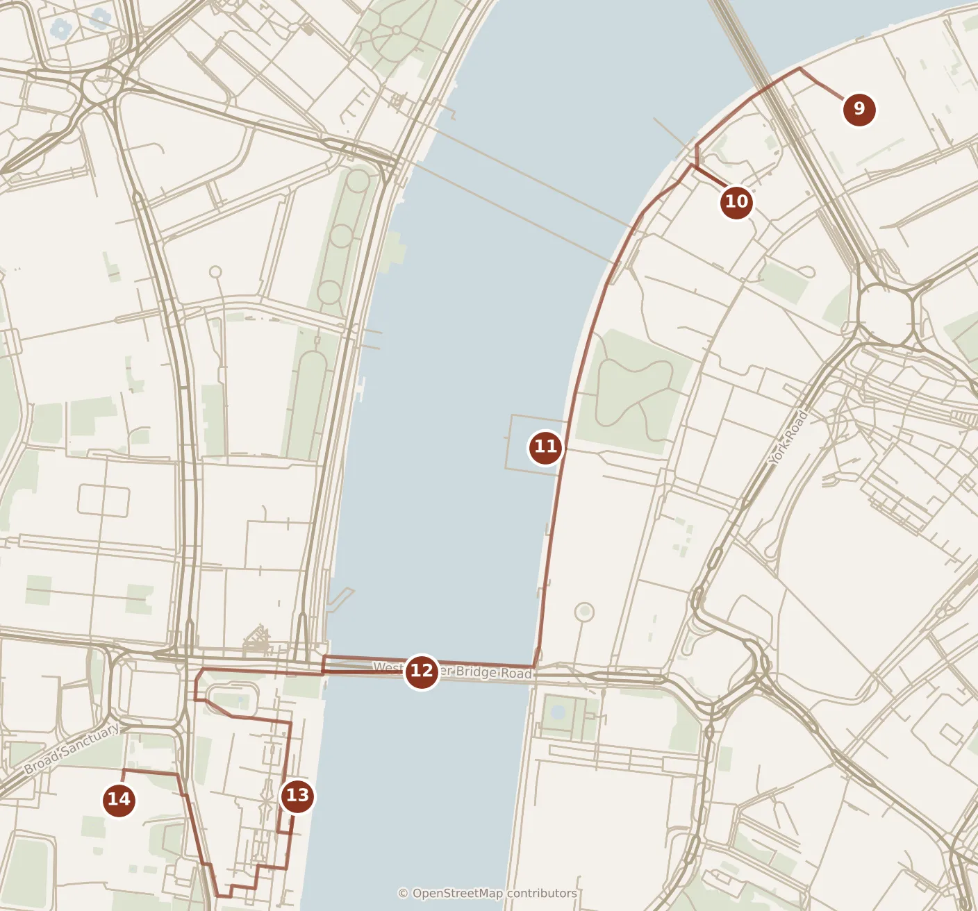 Map of London, evening: stops 9–14, numbered in walking order.