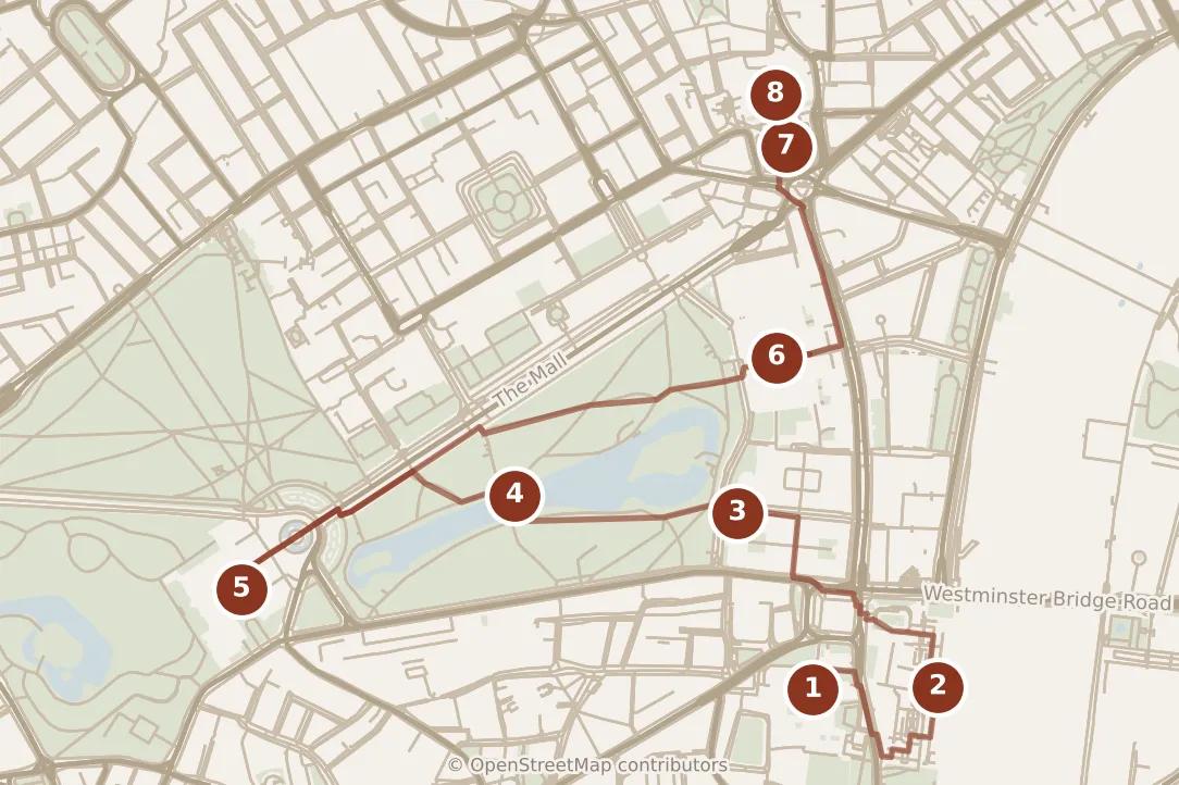 Map of London, morning and afternoon: stops 1–8, numbered in walking order.