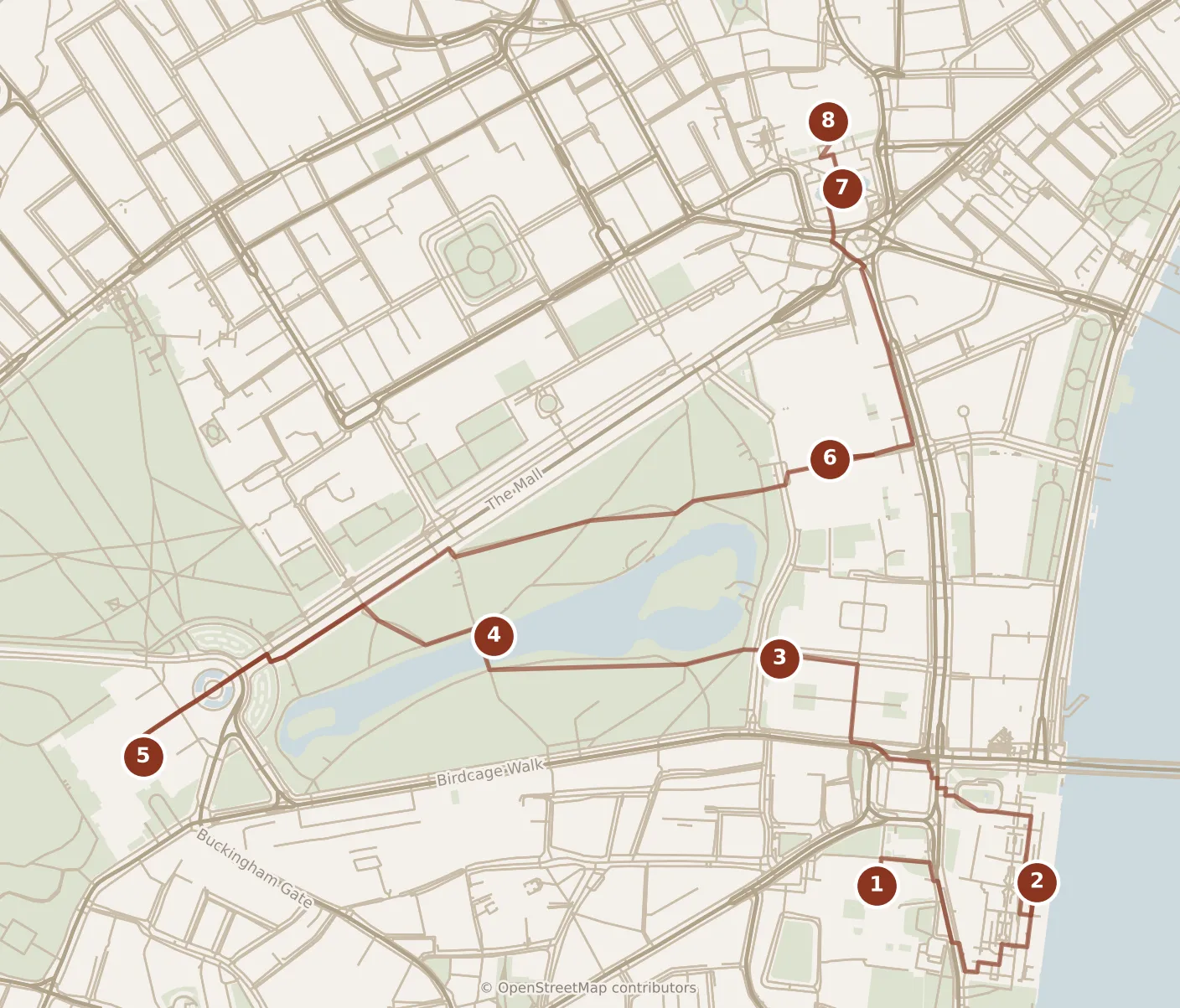 Map of London, morning and afternoon: stops 1–8, numbered in walking order.