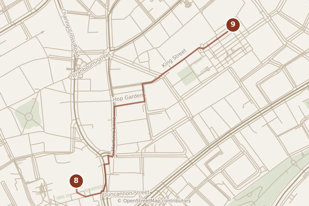 Map of London, evening: stop 9, numbered in walking order.
