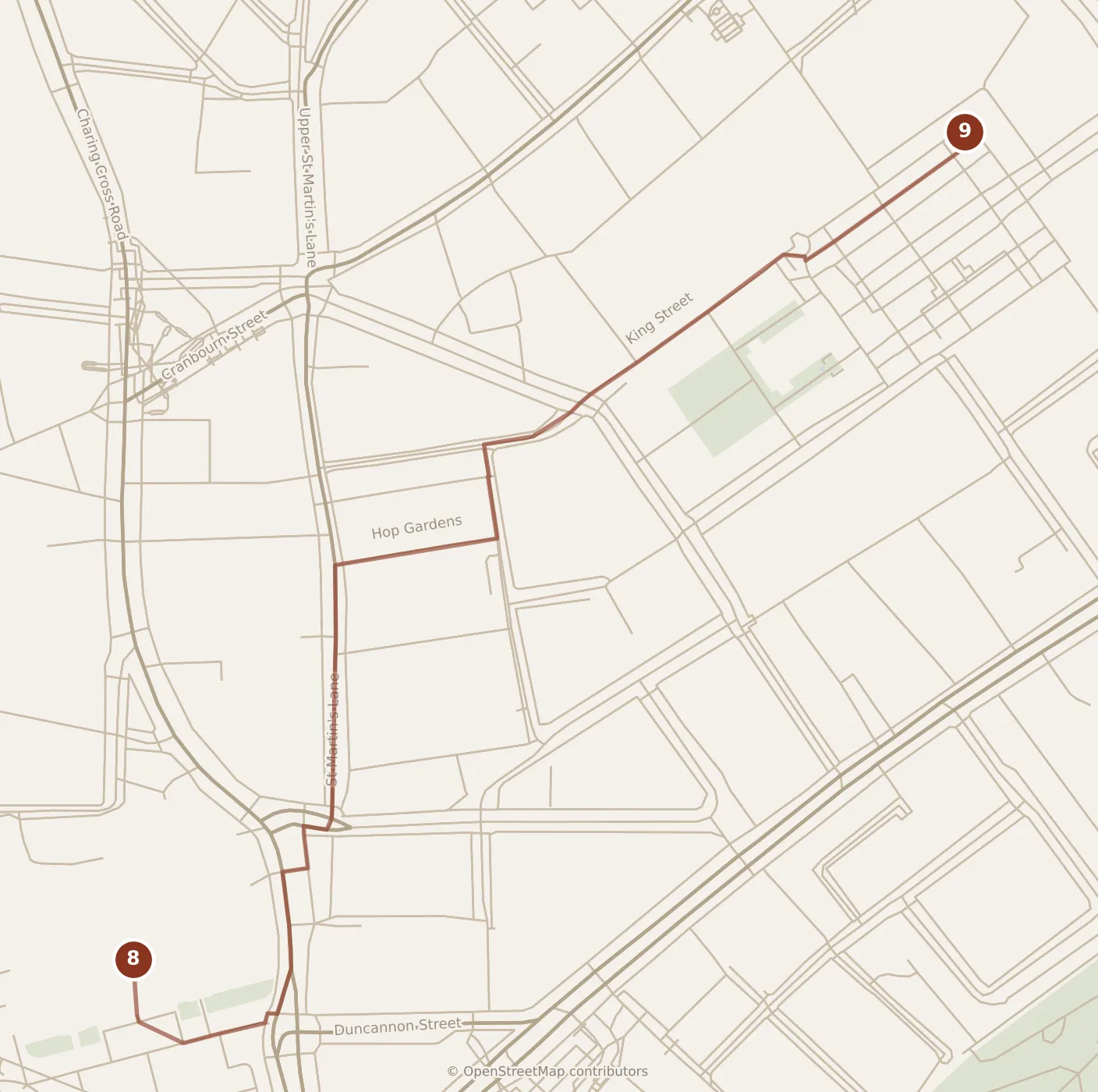 Map of London, evening: stop 9, numbered in walking order.