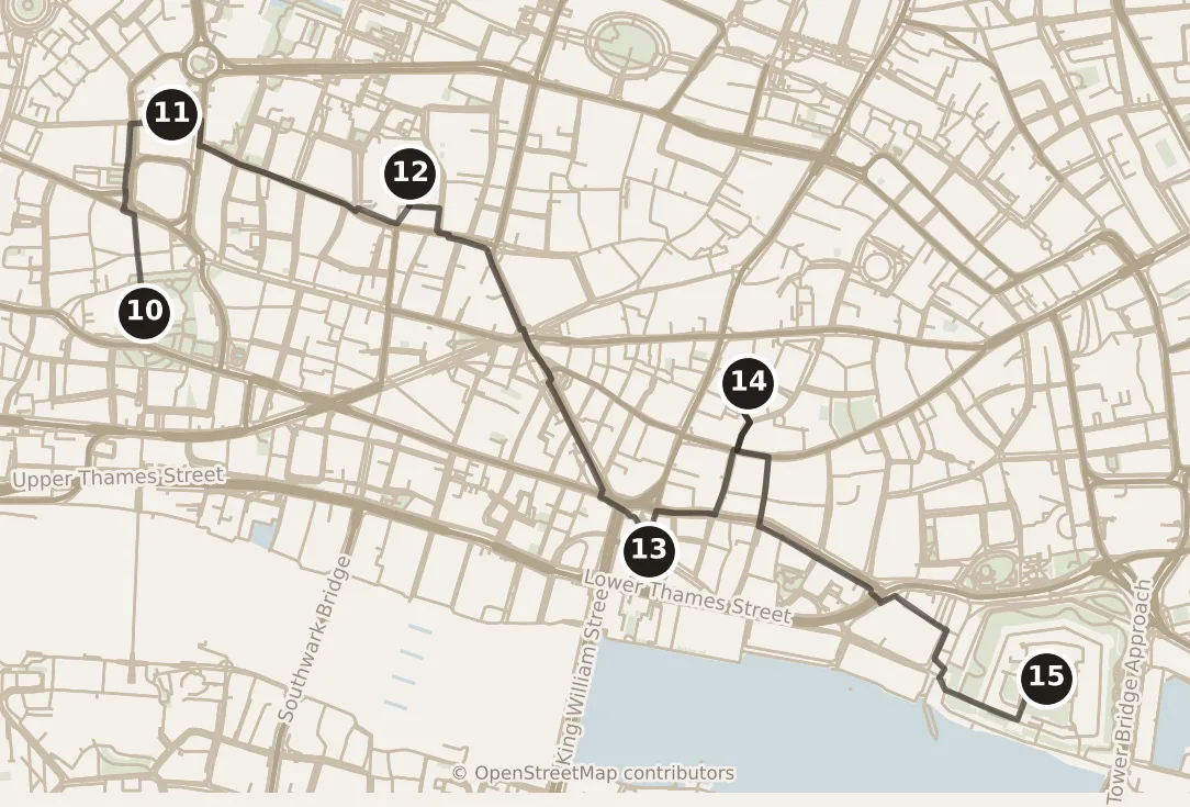 Map of London, morning and afternoon: stops 10–15, numbered in walking order.