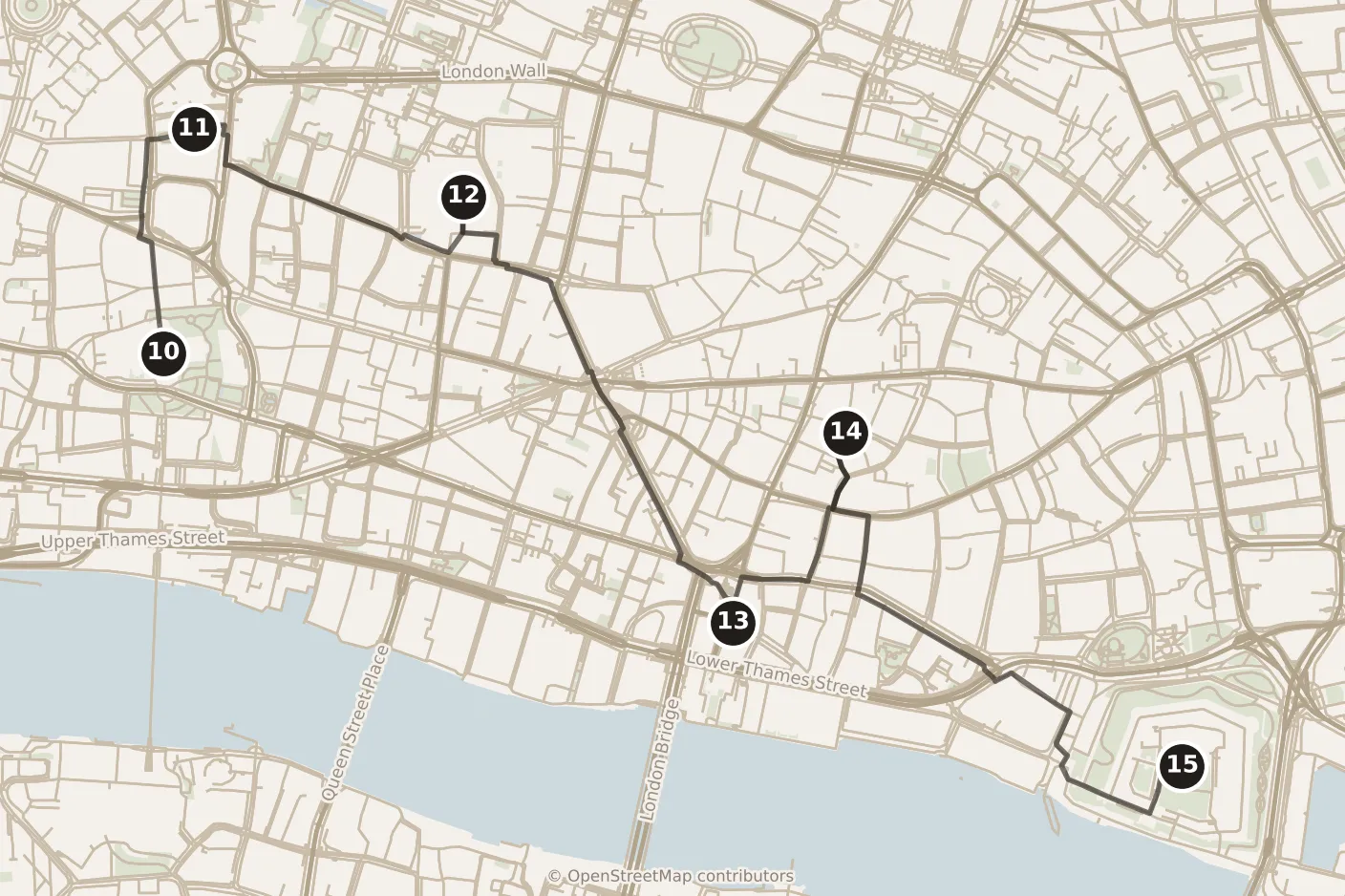 Map of London, morning and afternoon: stops 10–15, numbered in walking order.