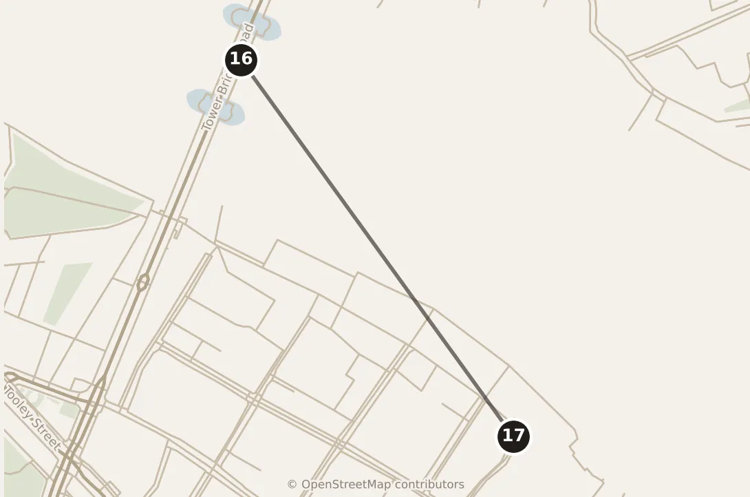 Map of London, evening: stops 16–17, numbered in walking order.