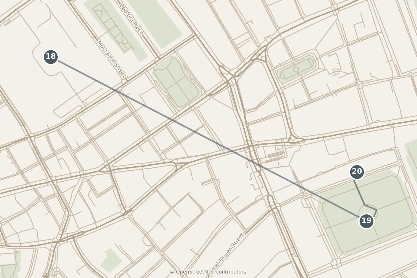 Map of London, with a third day: stops 18–20, numbered in walking order.