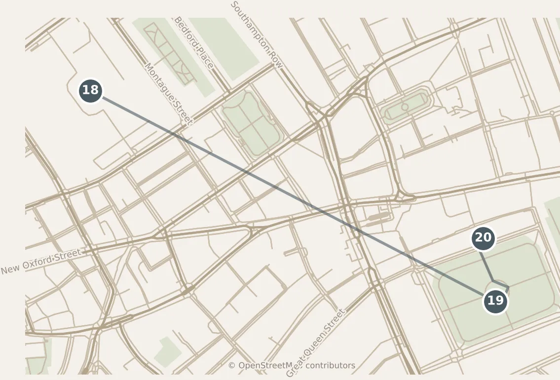Map of London, with a third day: stops 18–20, numbered in walking order.