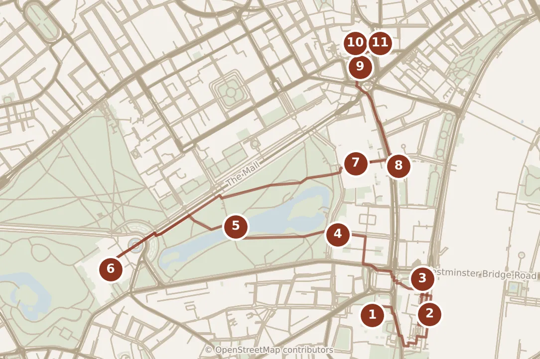 Map of London, day one: stops 1–11, numbered in walking order.