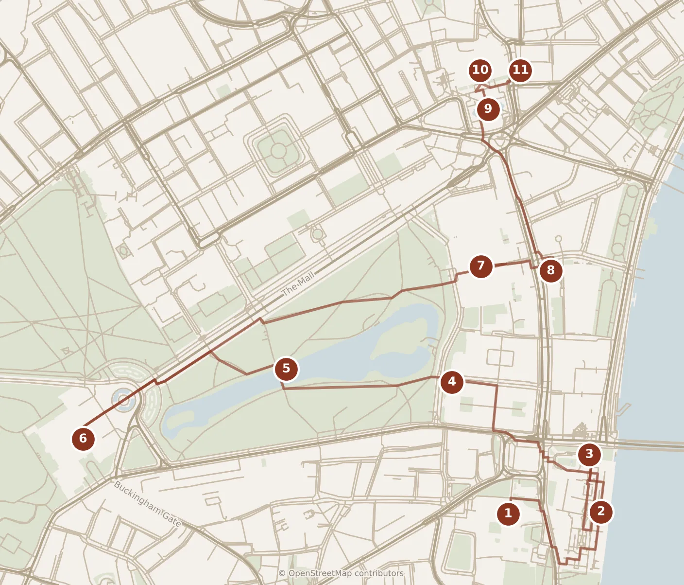 Map of London, day one: stops 1–11, numbered in walking order.