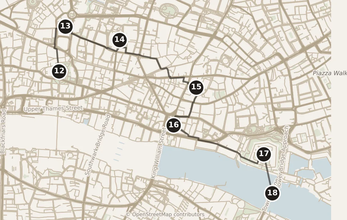 Map of London, day two: stops 12–18, numbered in walking order.
