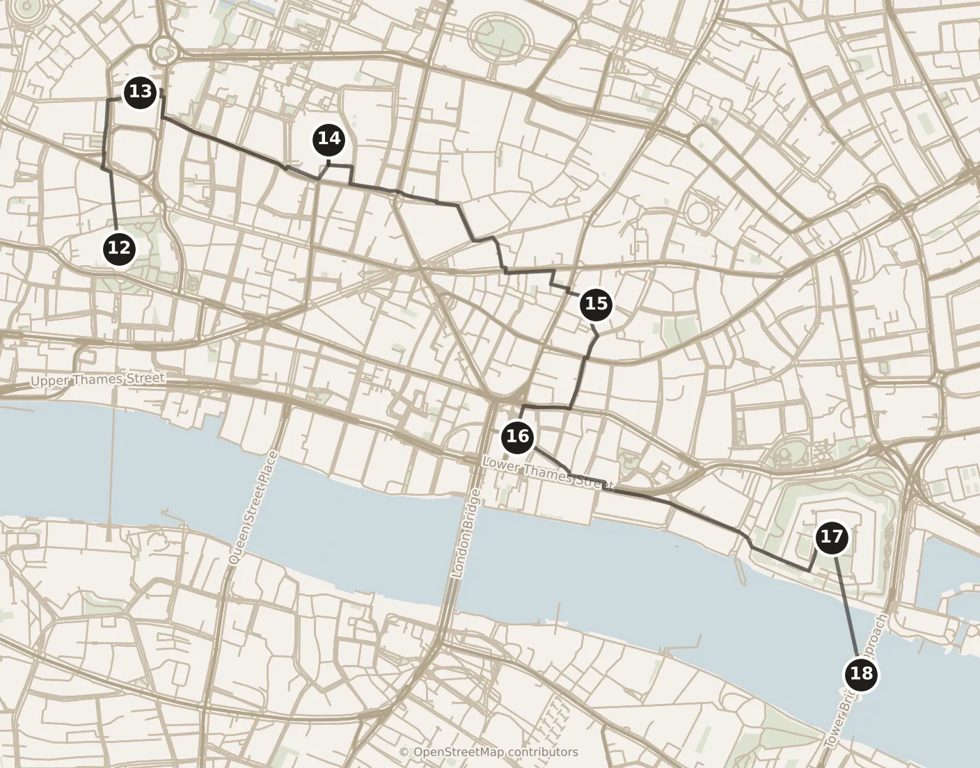 Map of London, day two: stops 12–18, numbered in walking order.
