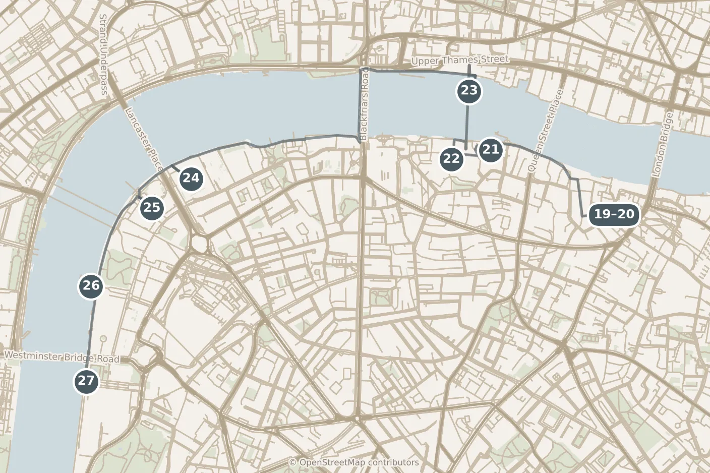 Map of London, day three: stops 19–27, numbered in walking order.