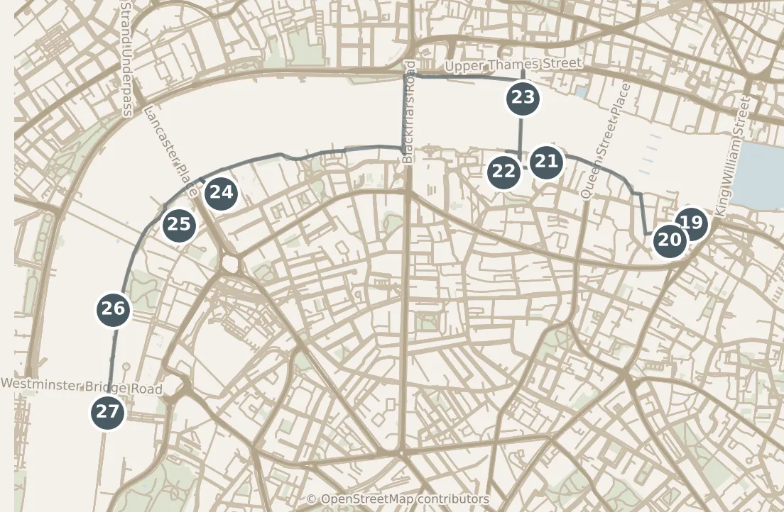 Map of London, day three: stops 19–27, numbered in walking order.