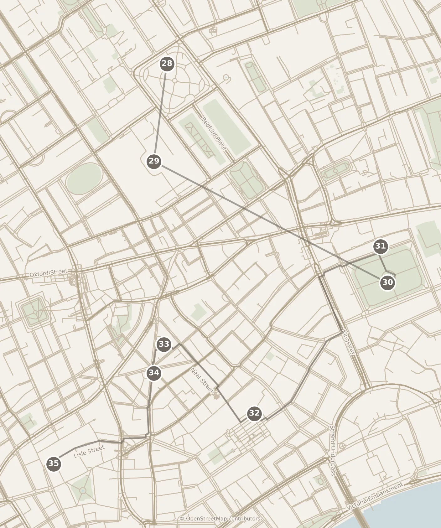 Map of London, day four: stops 28–35, numbered in walking order.