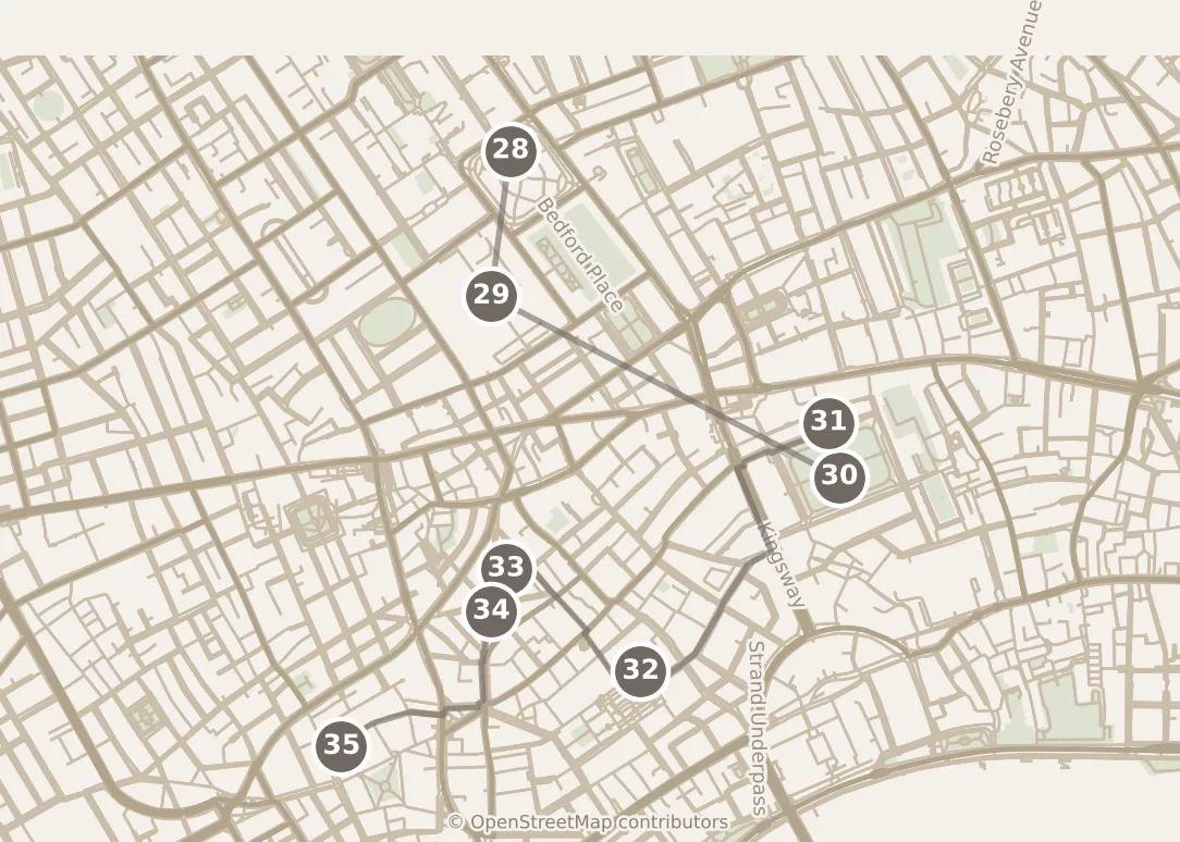 Map of London, day four: stops 28–35, numbered in walking order.