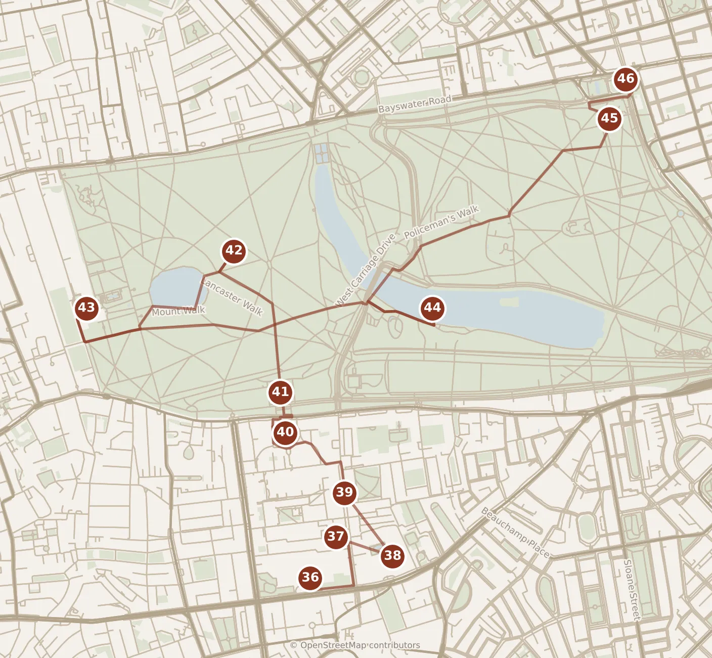 Map of London, day five: stops 36–46, numbered in walking order.