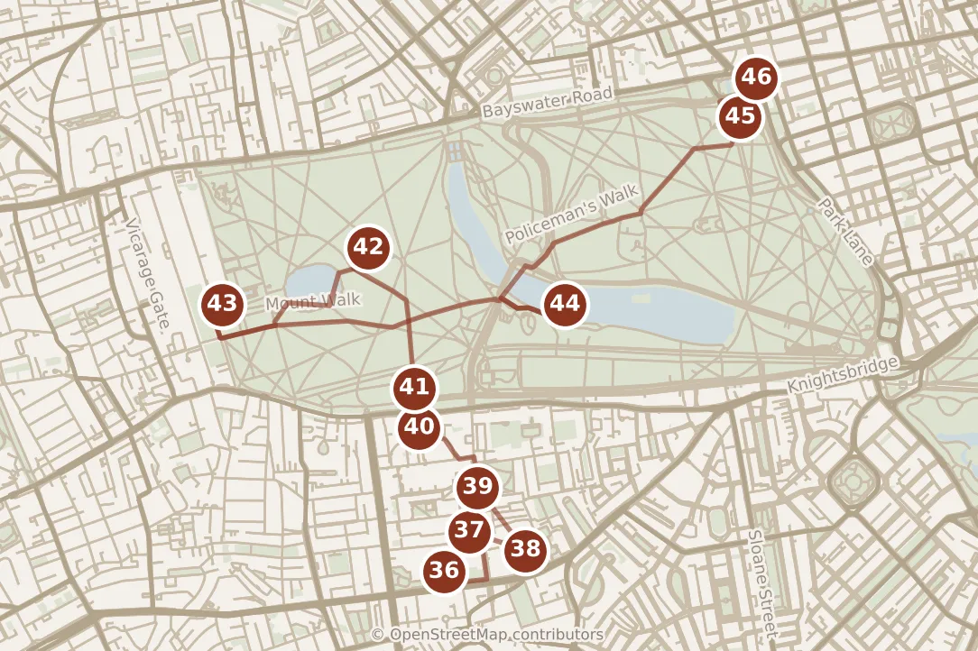 Map of London, day five: stops 36–46, numbered in walking order.