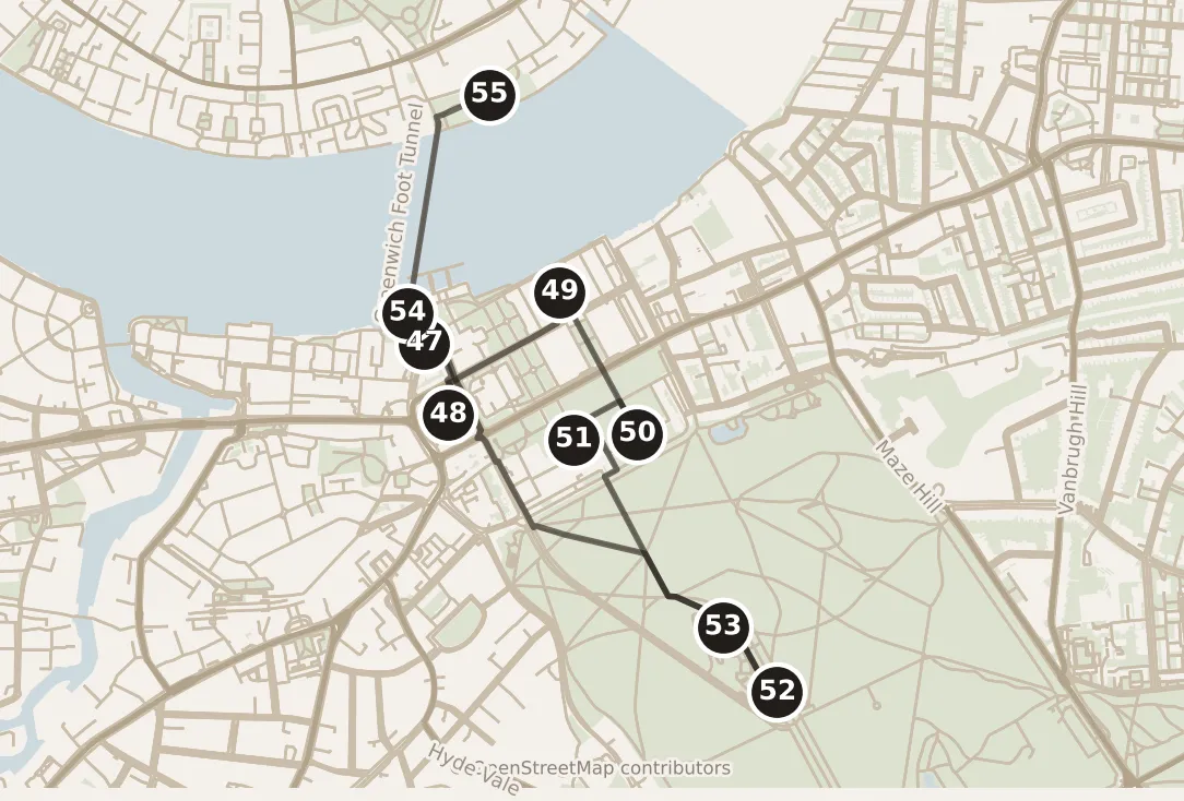 Map of London, day six: stops 47–55, numbered in walking order.