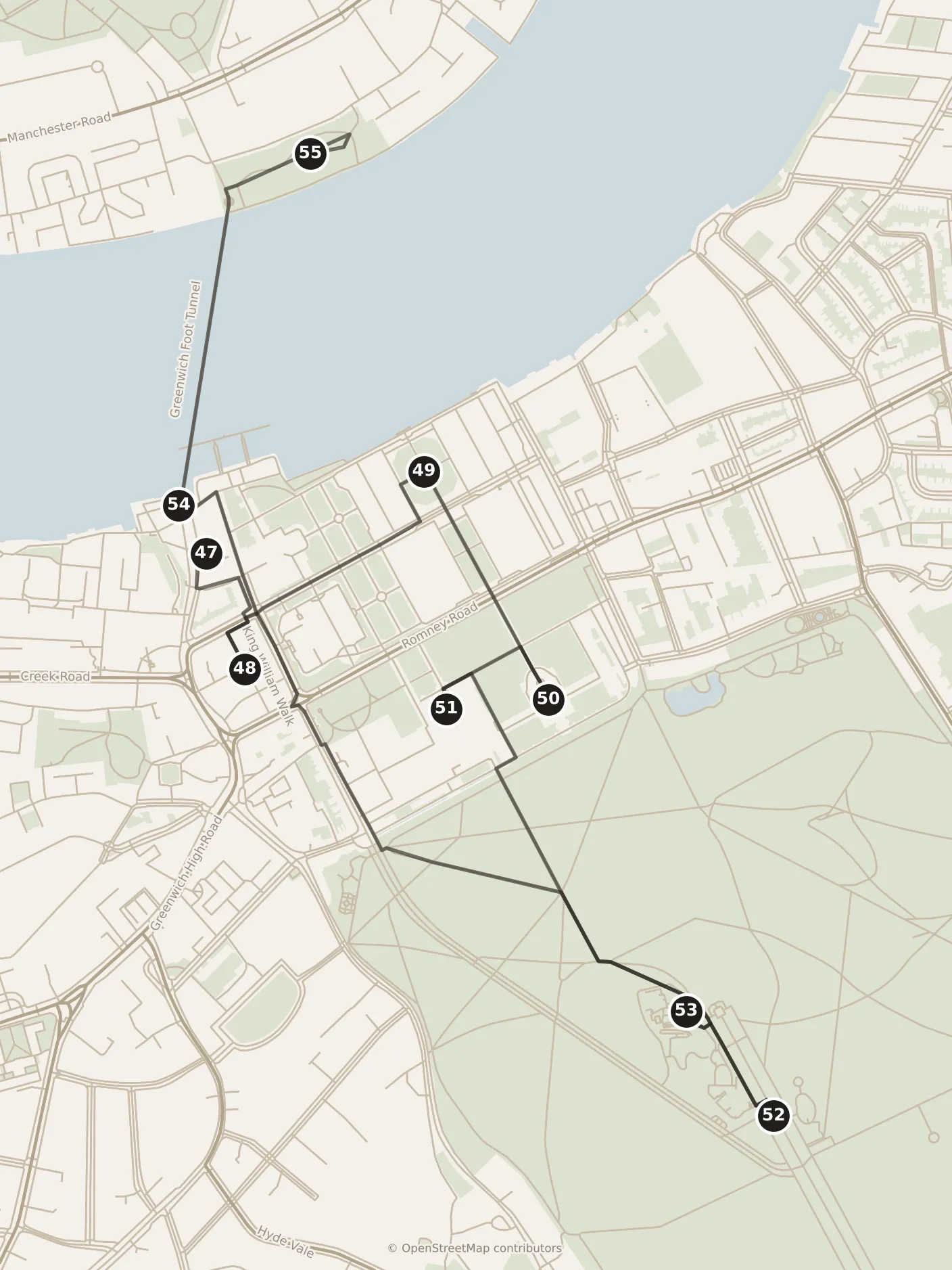 Map of London, day six: stops 47–55, numbered in walking order.