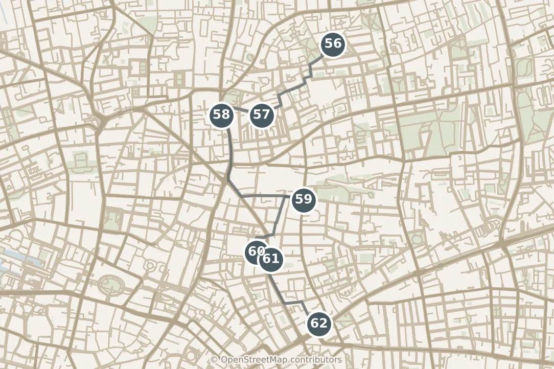 Map of London, day seven: stops 56–62, numbered in walking order.