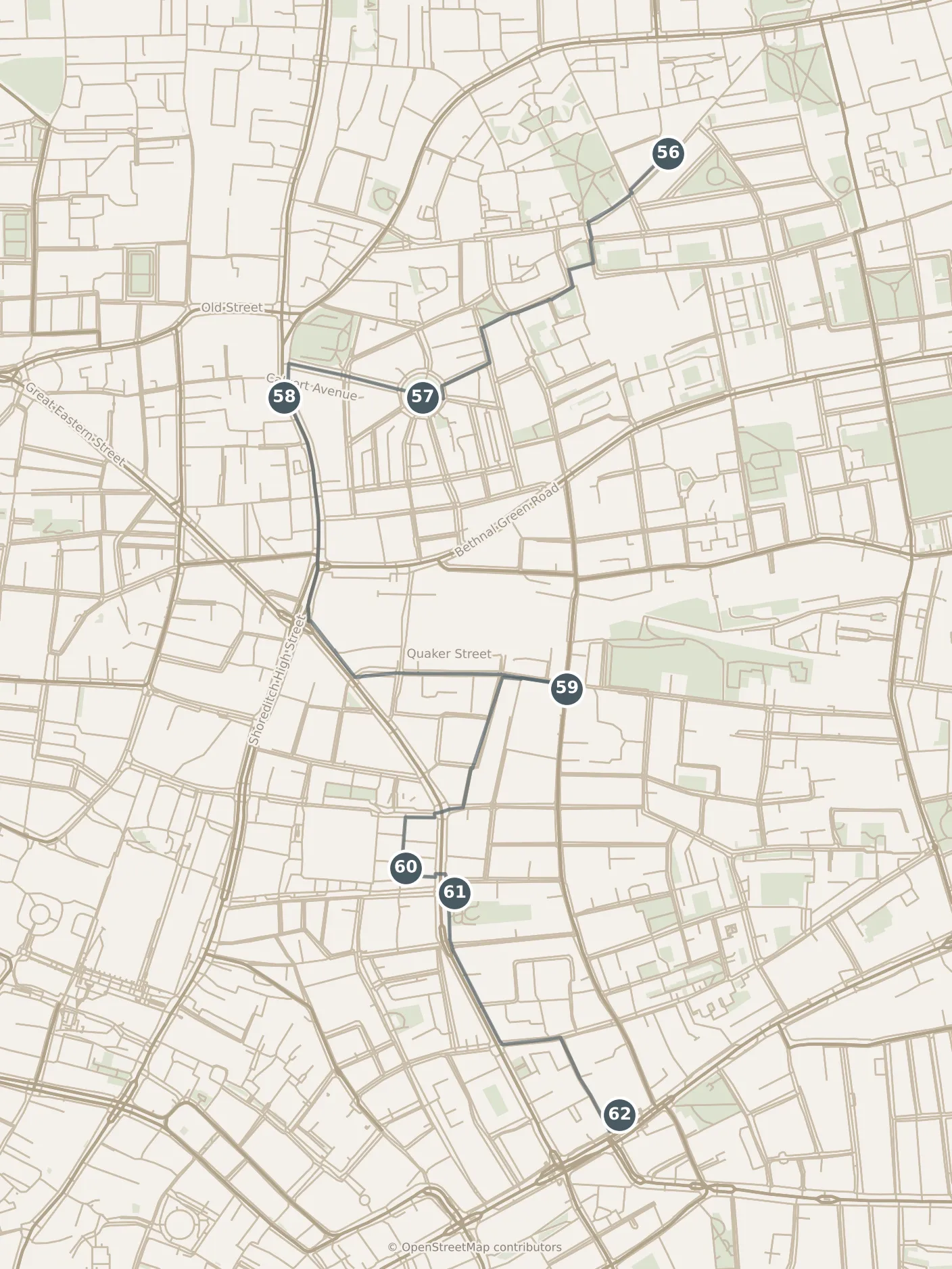 Map of London, day seven: stops 56–62, numbered in walking order.