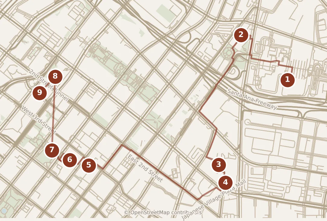 Map of Los Angeles, morning and afternoon: stops 1–9, numbered in walking order.