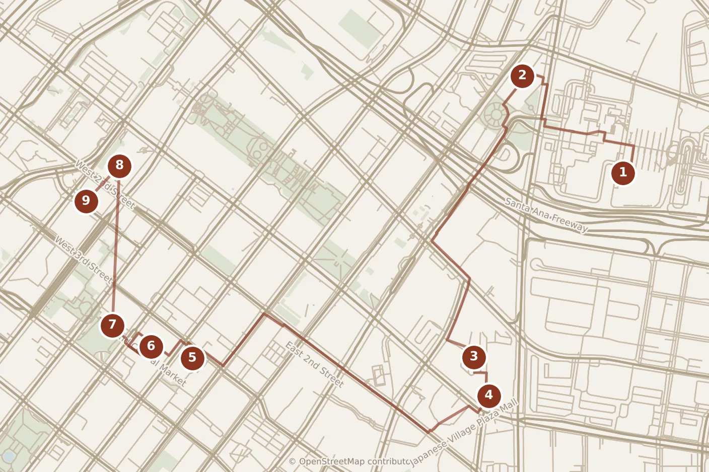 Map of Los Angeles, morning and afternoon: stops 1–9, numbered in walking order.