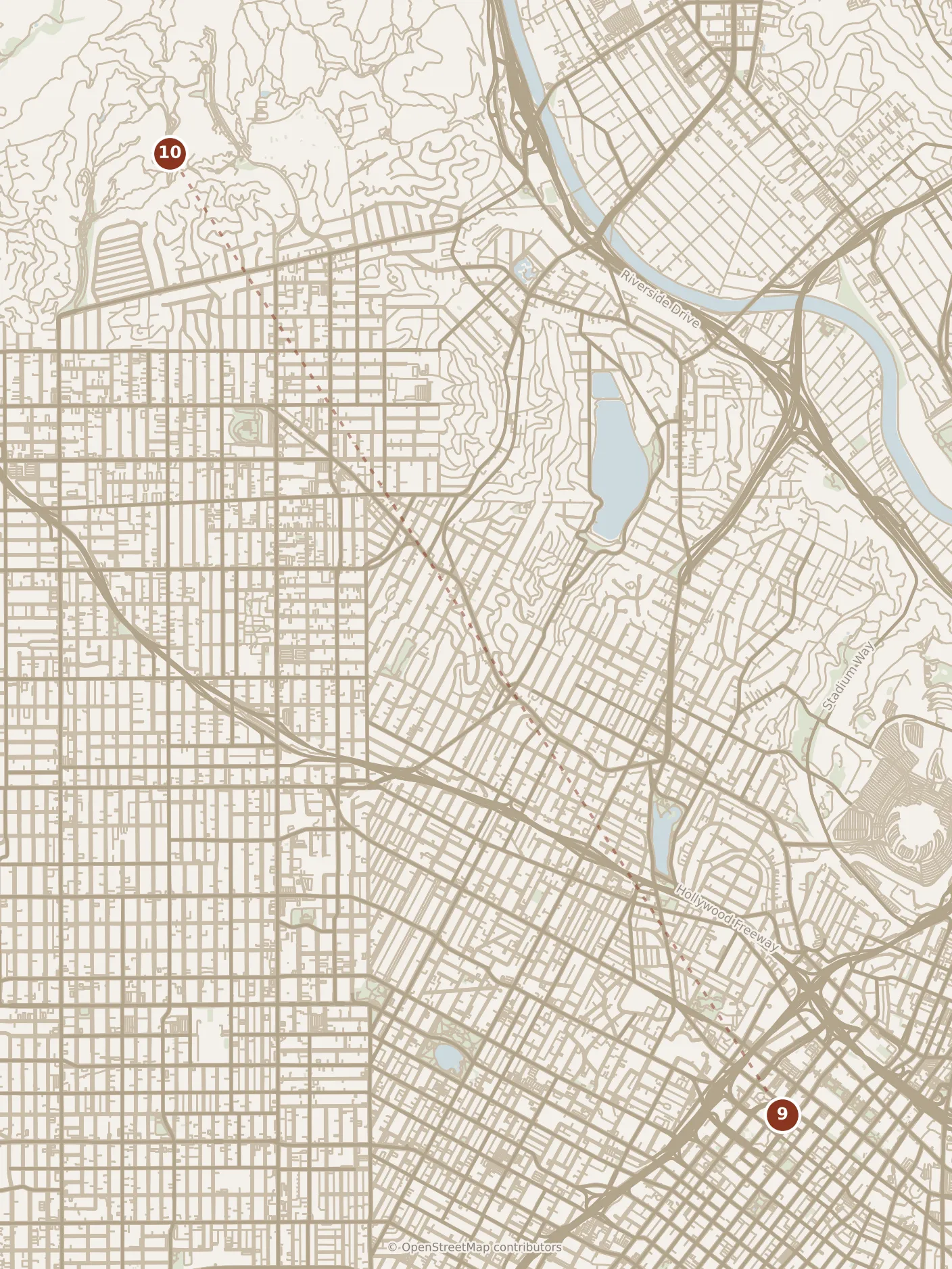 Map of Los Angeles, evening: stop 10, numbered in walking order.