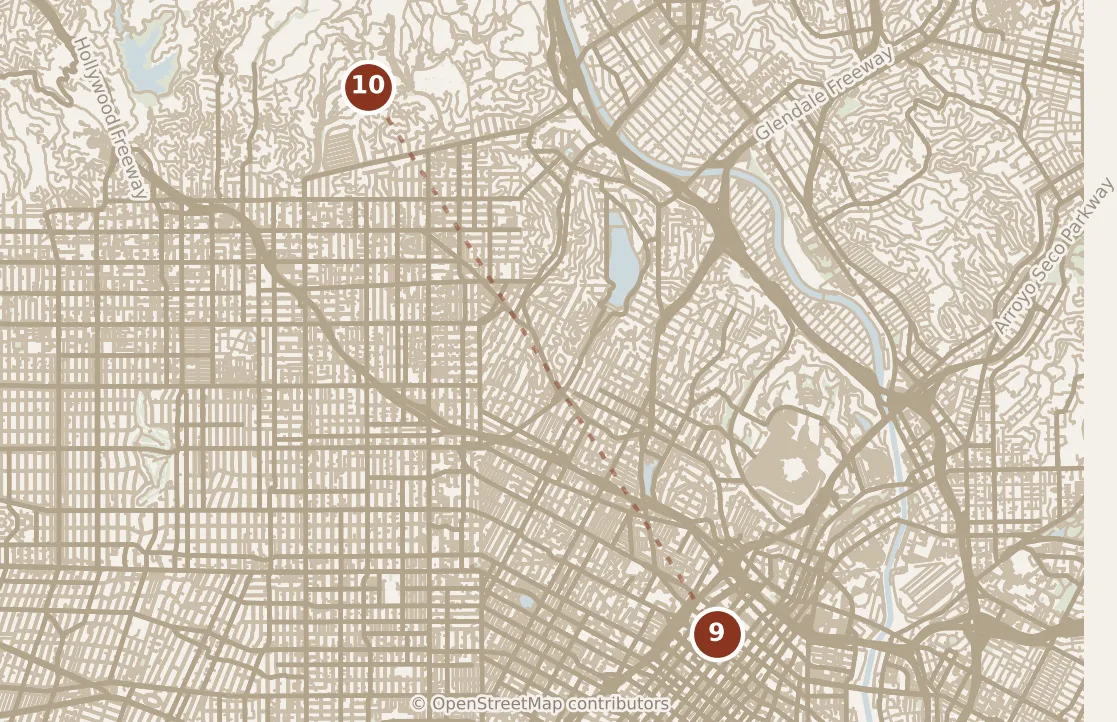 Map of Los Angeles, evening: stop 10, numbered in walking order.