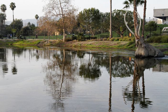 The Lake Pit at the La Brea Tar Pits: a life-size mammoth sculpture with raised trunk and curved tusks standing in dark water, with palms, parkland and a museum building reflected behind it