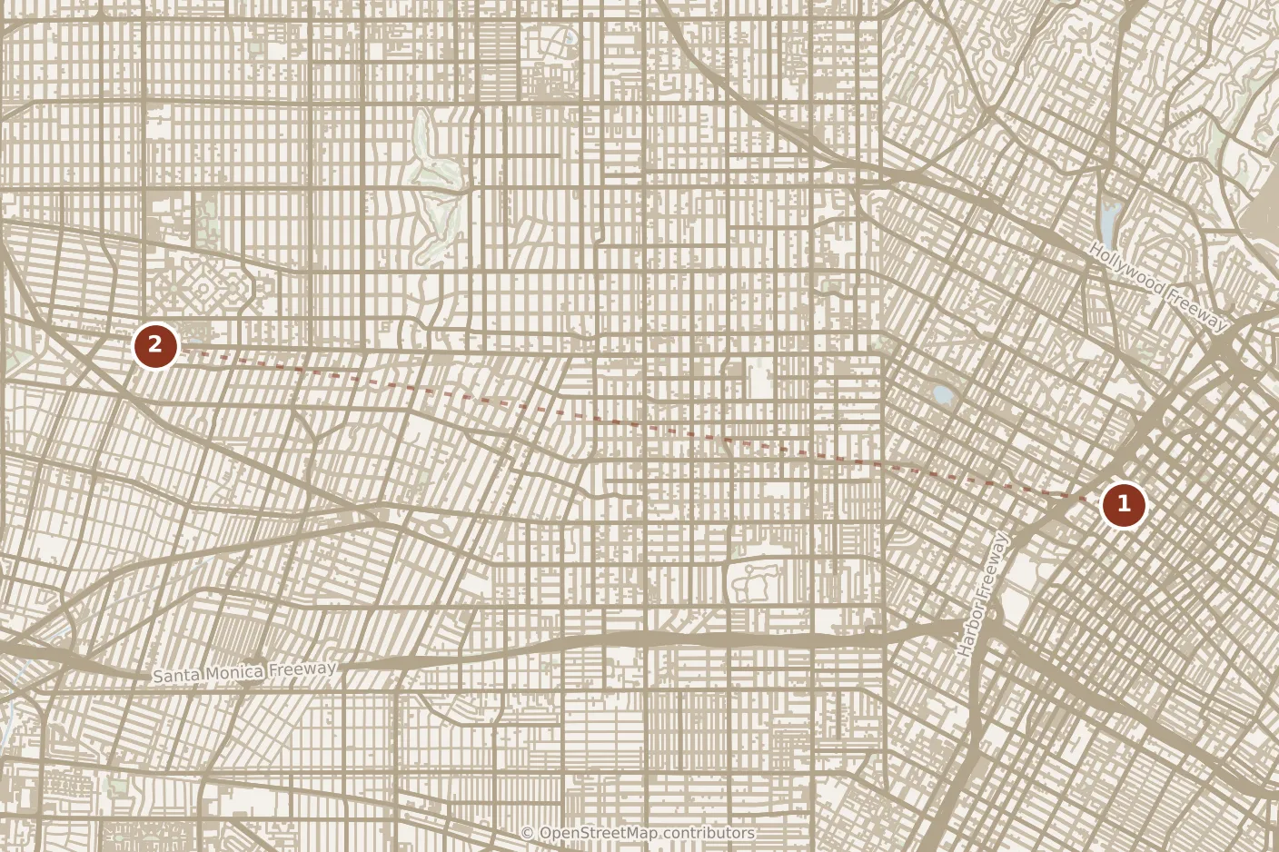 Map of Los Angeles, morning: stop 1, numbered in walking order.