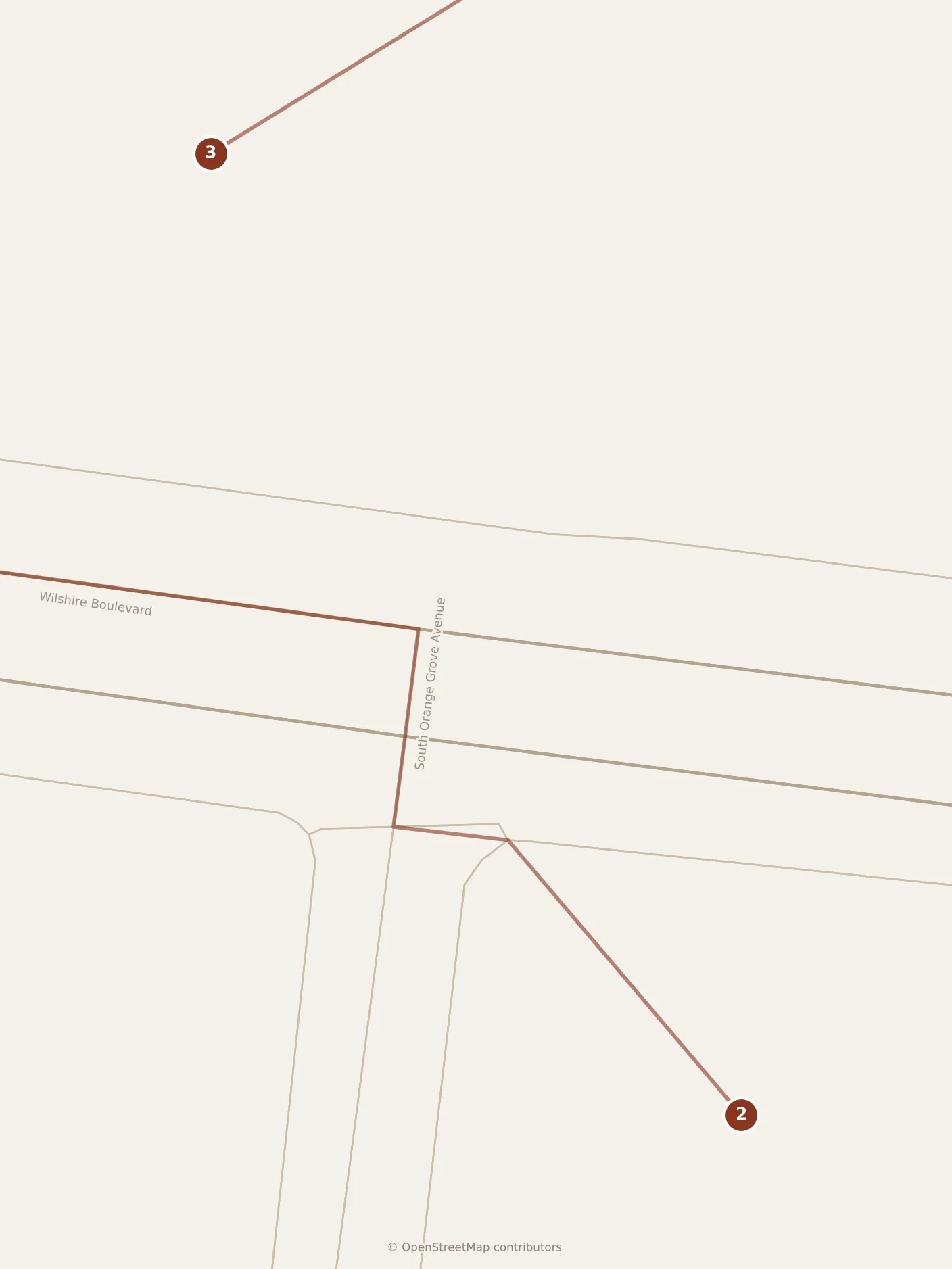 Map of Los Angeles, morning: stops 2–3, numbered in walking order.