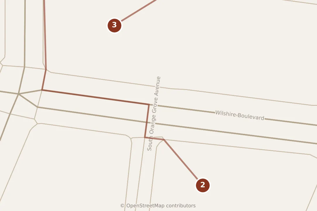 Map of Los Angeles, morning: stops 2–3, numbered in walking order.