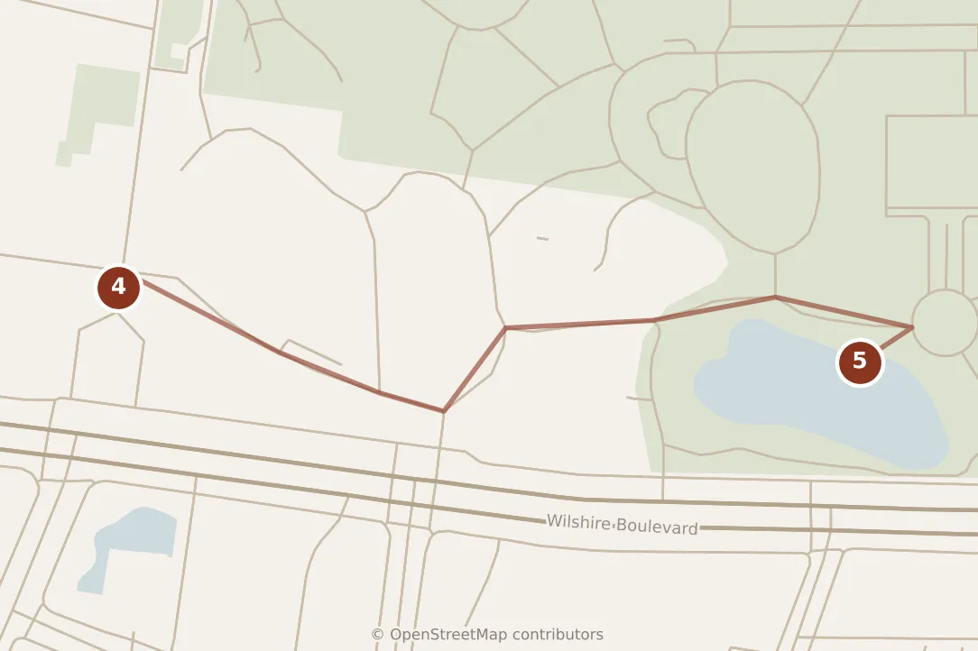 Map of Los Angeles, afternoon: stops 4–5, numbered in walking order.